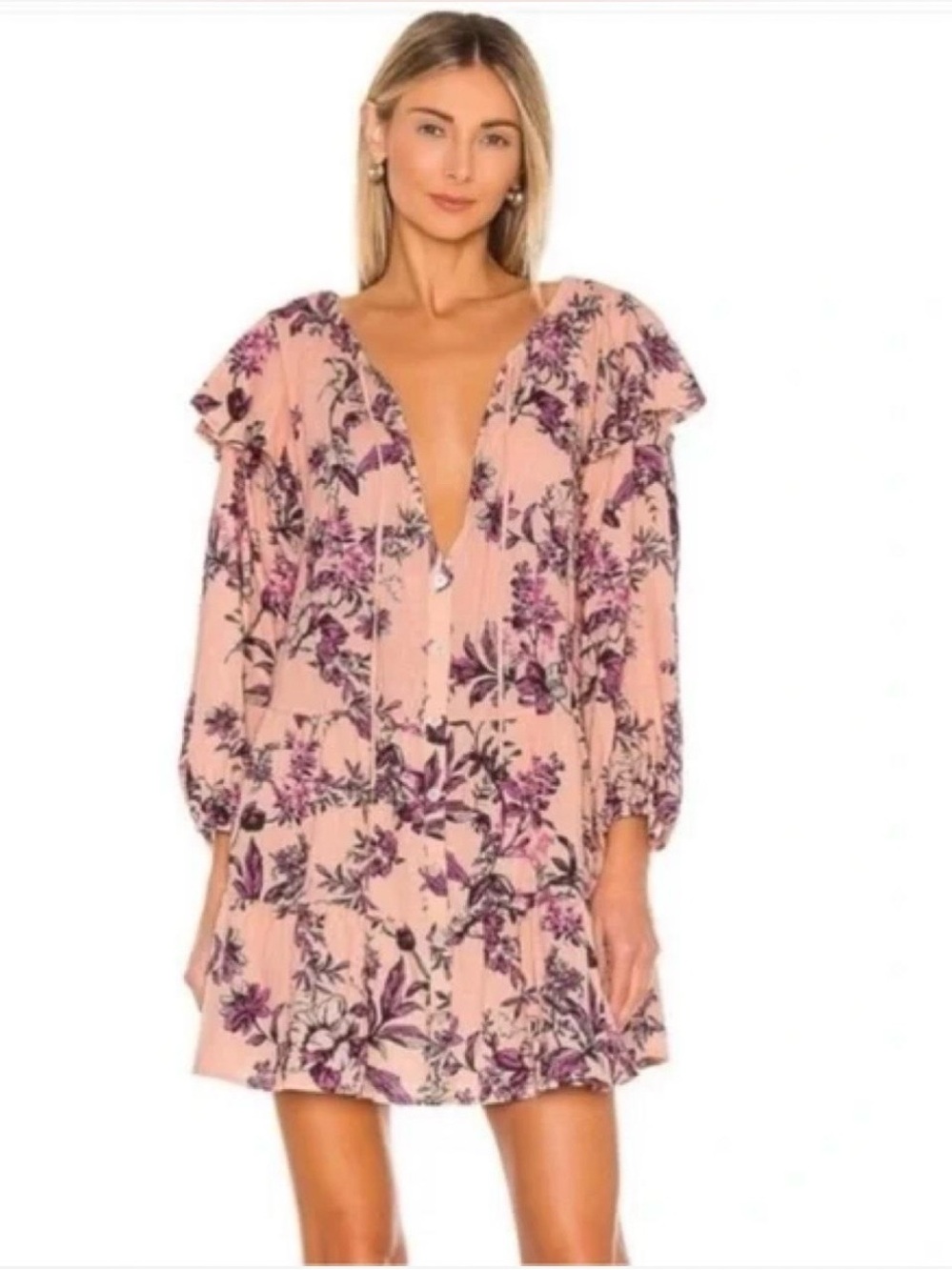 Free People Pink Peach Floral Tunic Boho Cottagecore Mini Dress Size XS Cotton